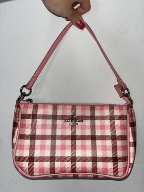 Coach Pink Plaid Shoulder Bag with Brown Accents